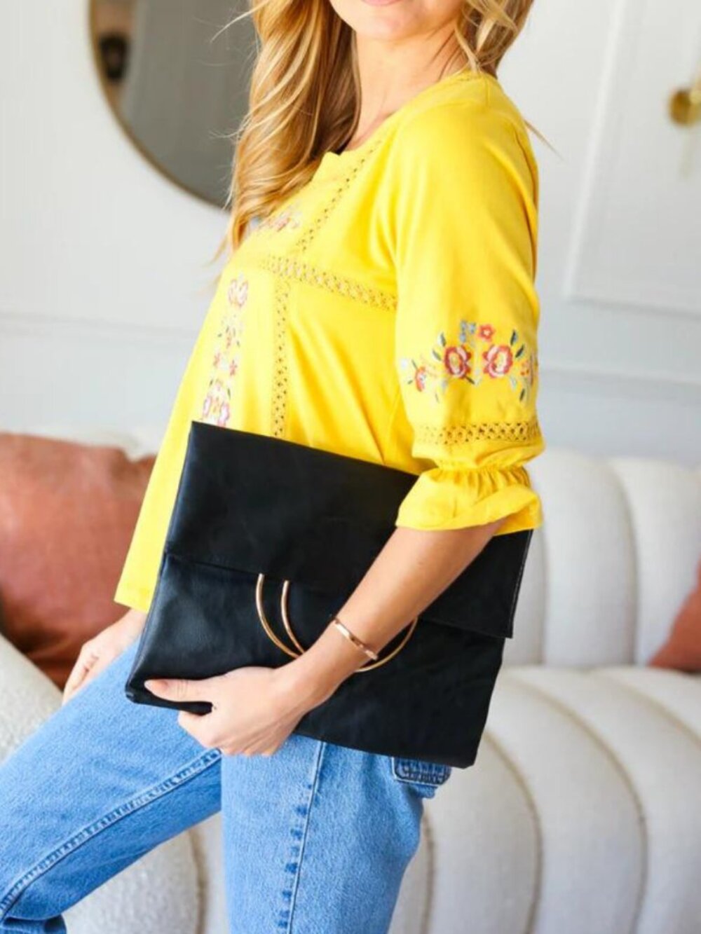 Black - Fold Over Gold O-Ring Vegan Leather Clutch